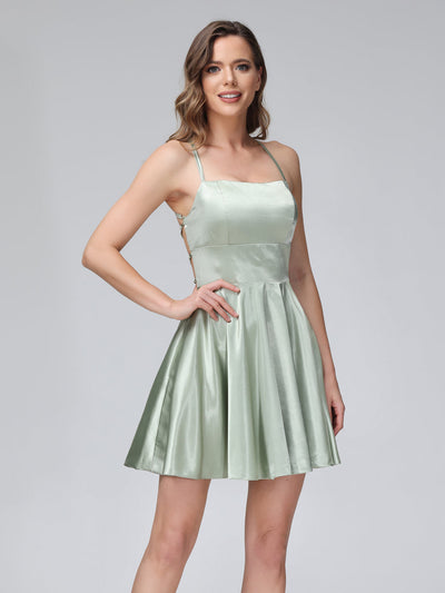 A-Line Sleeveless Backless Satin Short Dresses with Spaghetti Straps