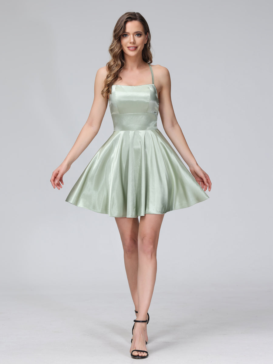 A-Line Sleeveless Backless Short Dresses with Spaghetti Straps