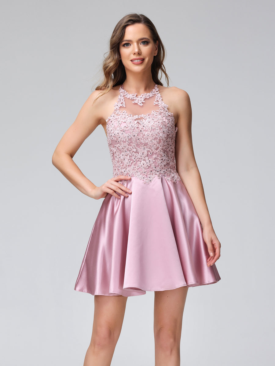 A-Line High Neck Sleeveless Satin Short Lace Dresses with Appliques