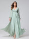 A-Line V-Neck Long Sleeves Chiffon Long Bridesmaid Dresses With Ruffles Split Side