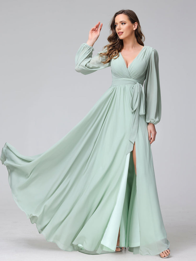 A-Line V-Neck Long Sleeves Chiffon Long Plus Size Bridesmaid Dresses With Ruffles Split Side