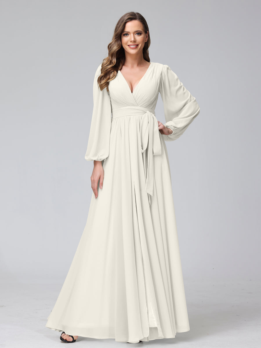 A-Line V-Neck Long Sleeves Chiffon Long Bridesmaid Dresses With Ruffles Split Side