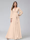 A-Line V-Neck Long Sleeves Chiffon Long Bridesmaid Dresses With Ruffles Split Side
