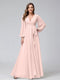 A-Line V-Neck Long Sleeves Chiffon Long Bridesmaid Dresses With Ruffles Split Side