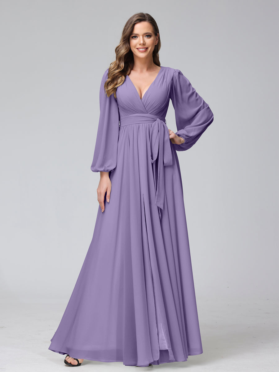 A-Line V-Neck Long Sleeves Chiffon Long Bridesmaid Dresses With Ruffles Split Side