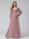 A-Line V-Neck Long Sleeves Chiffon Long Bridesmaid Dresses With Ruffles Split Side