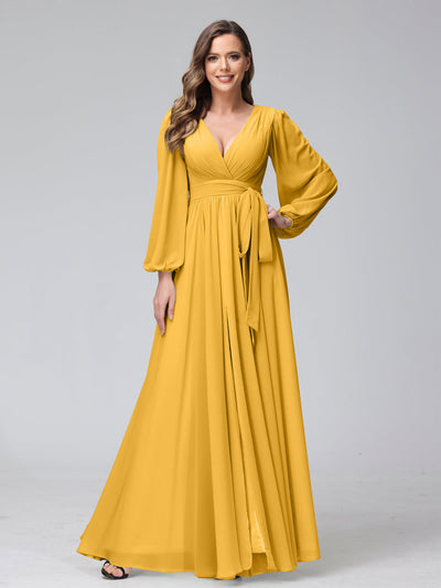 A-Line V-Neck Long Sleeves Chiffon Long Bridesmaid Dresses With Ruffles Split Side