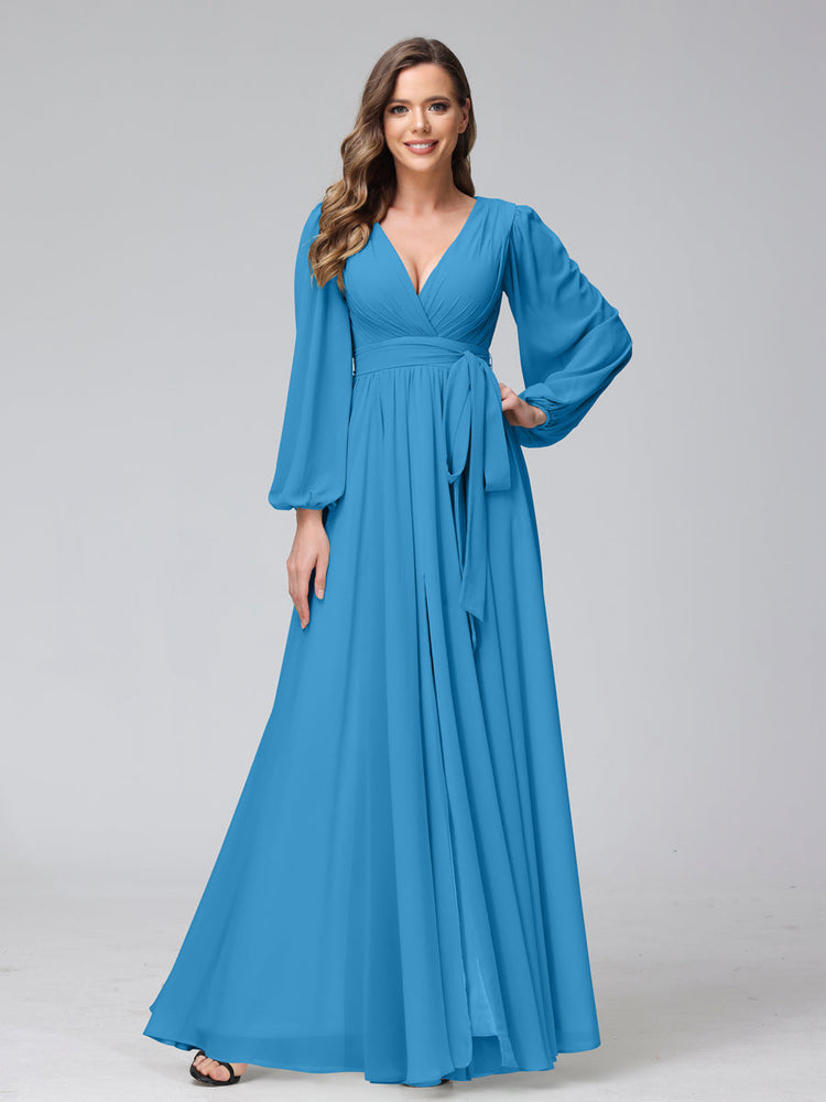 Long Sleeves Chiffon Dress with V-neck Turquoise Plus Size
