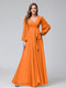 A-Line V-Neck Long Sleeves Chiffon Long Bridesmaid Dresses With Ruffles Split Side