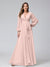A-Line V-Neck Long Sleeves Chiffon Long Bridesmaid Dresses With Ruffles Split Side