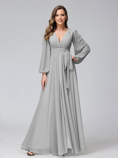 A-Line V-Neck Long Sleeves Chiffon Long Bridesmaid Dresses With Ruffles Split Side