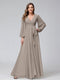 A-Line V-Neck Long Sleeves Chiffon Long Bridesmaid Dresses With Ruffles Split Side