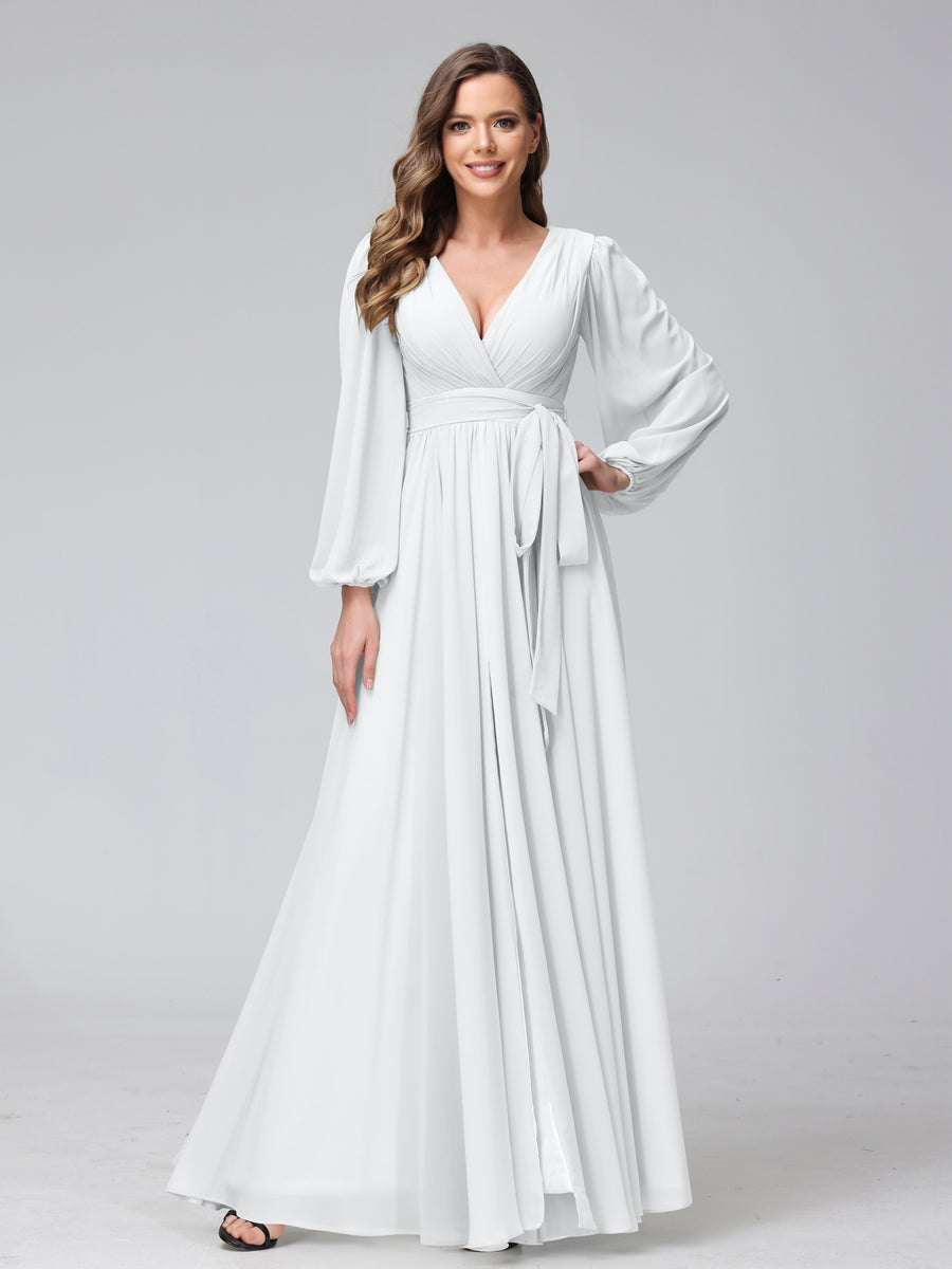 A-Line V-Neck Long Sleeves Chiffon Long Bridesmaid Dresses With Ruffles Split Side