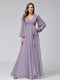 A-Line V-Neck Long Sleeves Chiffon Long Bridesmaid Dresses With Ruffles Split Side
