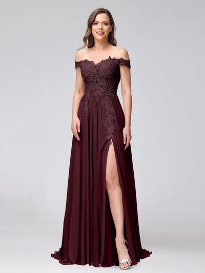 A-Line Off-the-Shoulder Sleeveless Appliqued Chiffon Long Bridesmaid Dresses with Side Slit