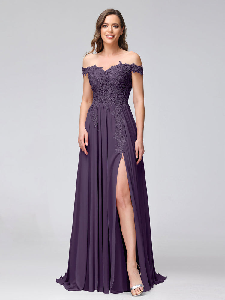 Chiffon and Lace Appliqued Long Dresses Grape
