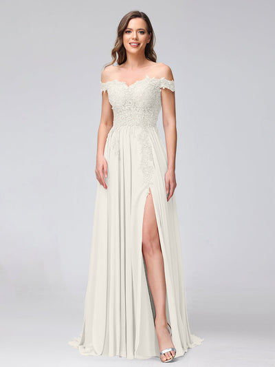 A-Line Off-the-Shoulder Sleeveless Appliqued Chiffon Long Bridesmaid Dresses with Side Slit