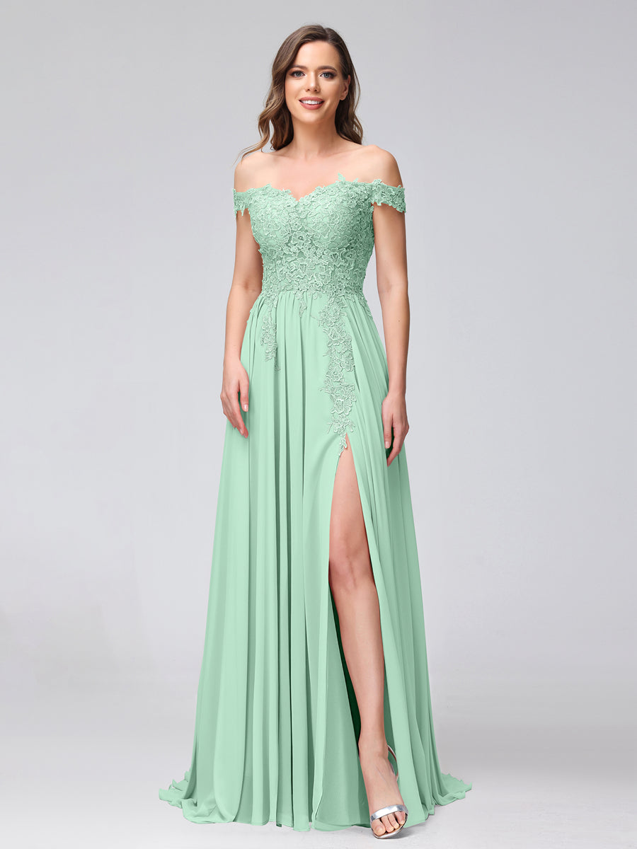 A-Line Off-the-Shoulder Sleeveless Appliqued Chiffon Long Bridesmaid Dresses with Side Slit