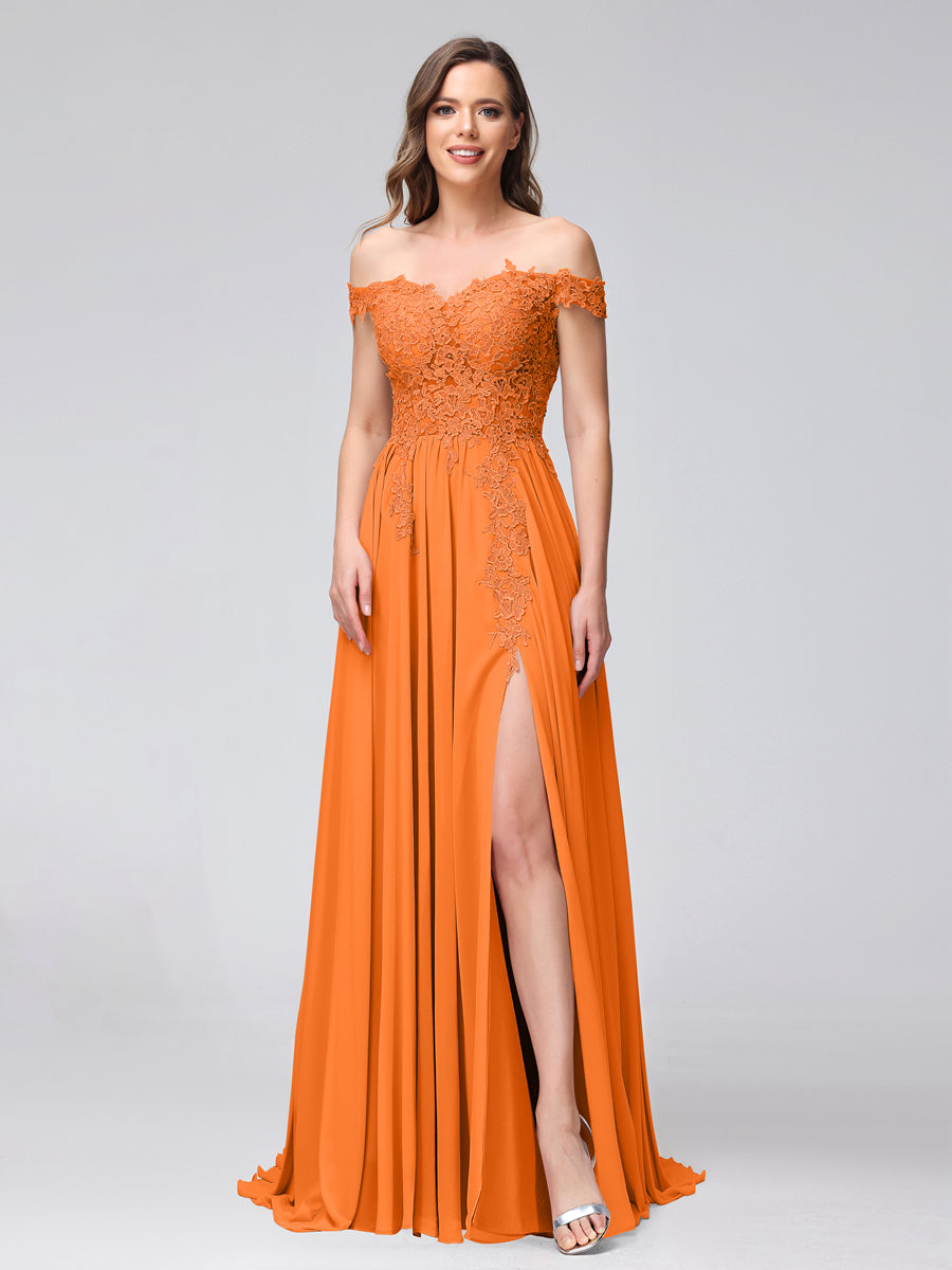 A-Line Off-the-Shoulder Sleeveless Appliqued Chiffon Long Bridesmaid Dresses with Side Slit