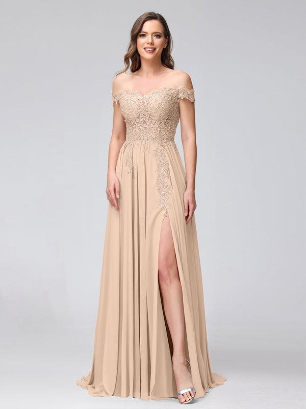peach off the shoulder bridesmaid dresses Peach Lace Off Shoulder Plunging Long Prom Formal Dress