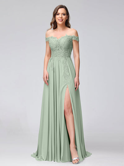 A-Line Off-the-Shoulder Sleeveless Appliqued Chiffon Long Bridesmaid Dresses with Side Slit