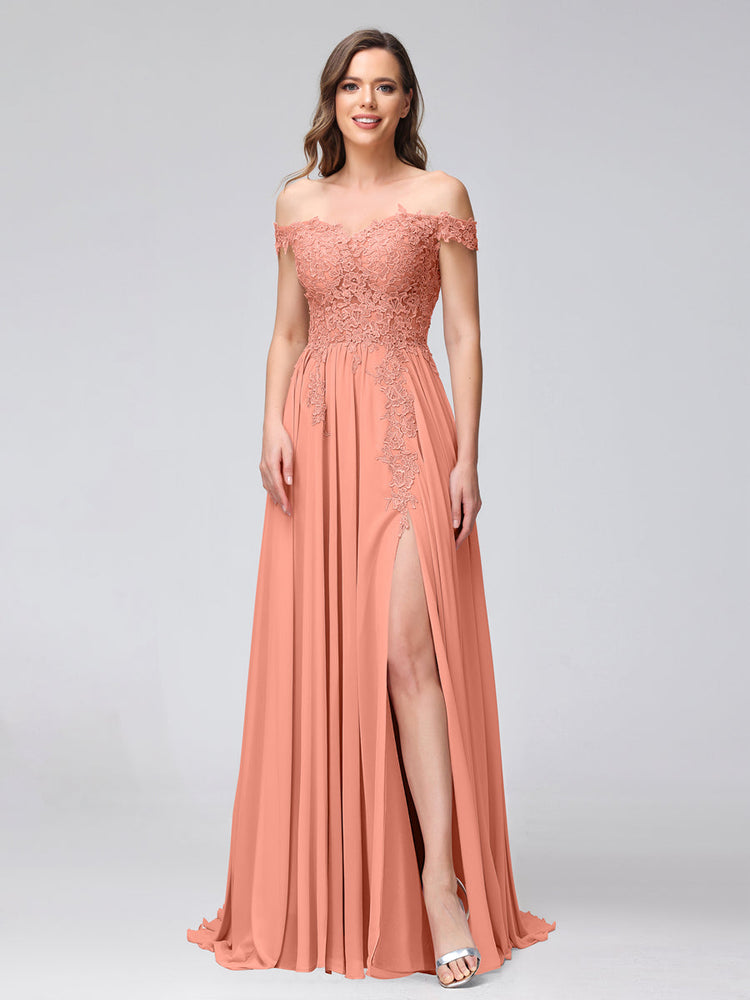 Peach Lace Off Shoulder Plunging Long Prom Formal Dress