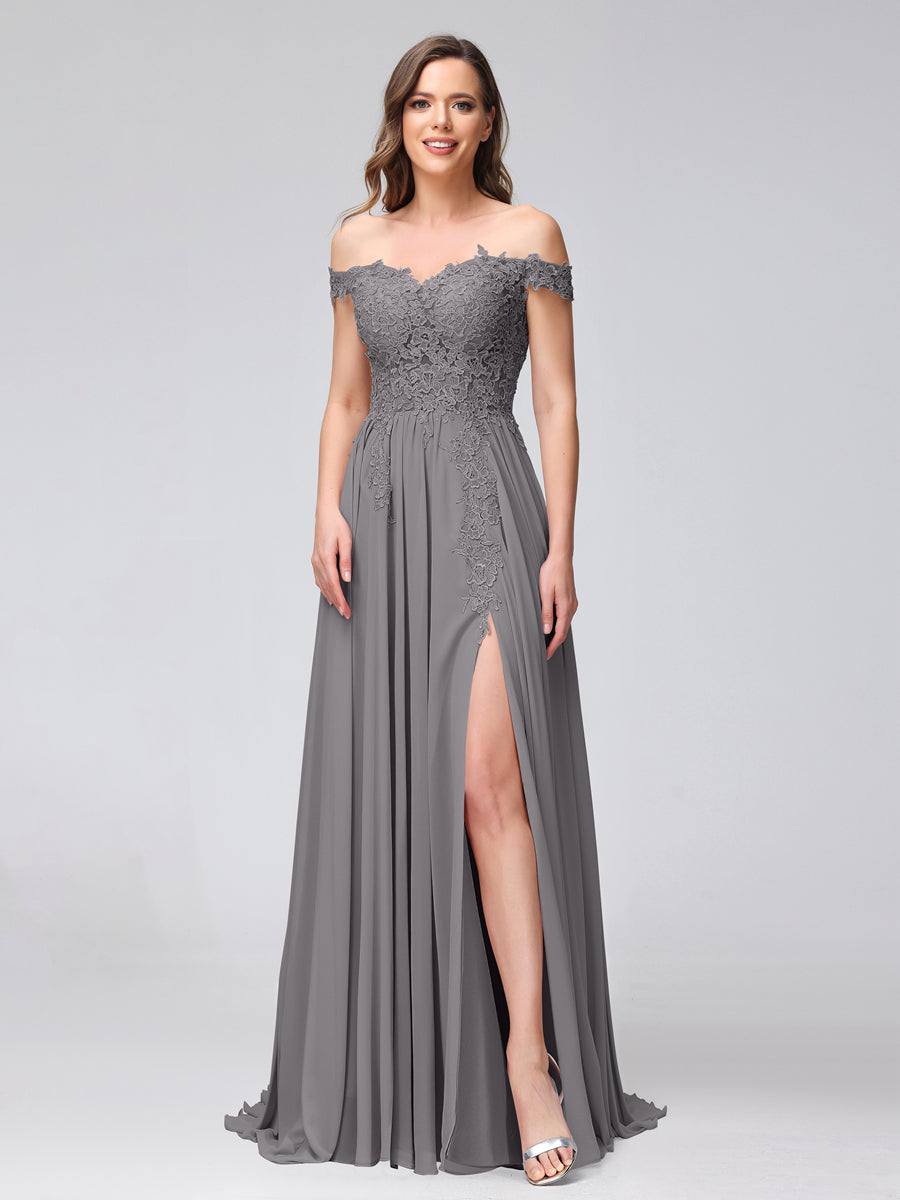 A-Line Off-the-Shoulder Sleeveless Appliqued Chiffon Long Bridesmaid Dresses with Side Slit