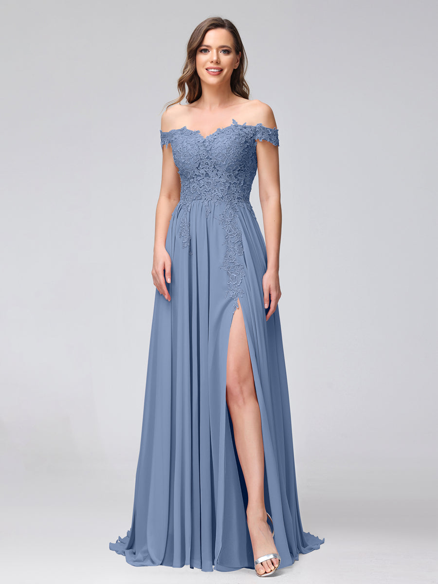 A-Line Off-the-Shoulder Sleeveless Appliqued Chiffon Long Bridesmaid Dresses with Side Slit