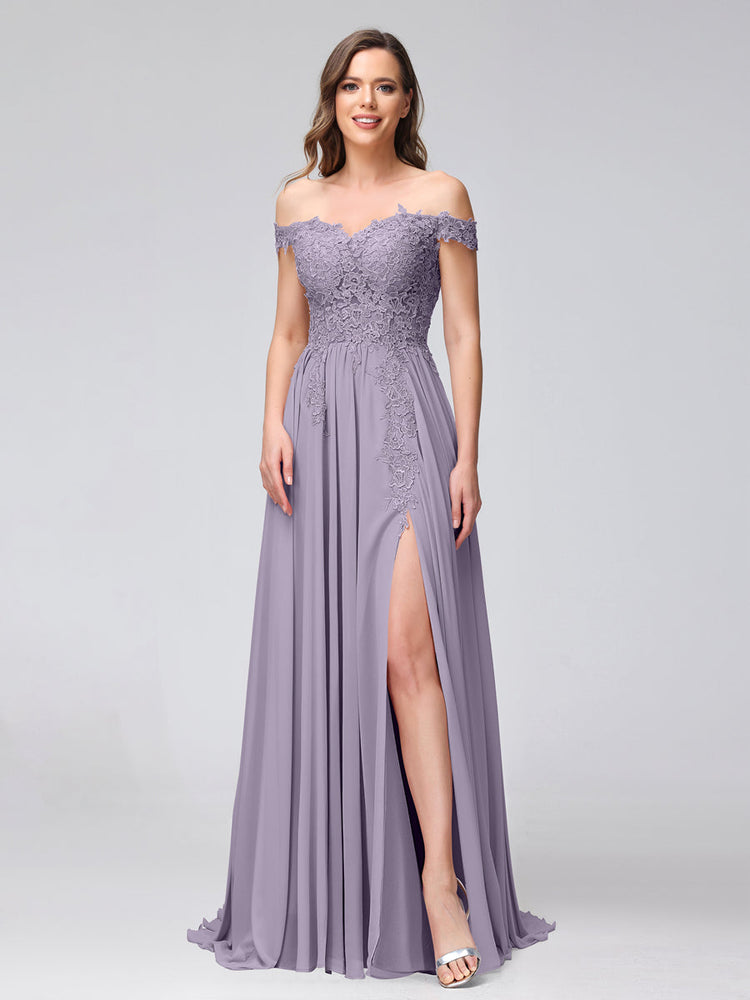 Chiffon and Lace Appliqued Long Dresses Wisteria
