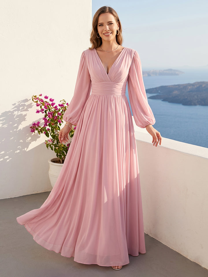 A-Line V-Neck Long Sleeves Long Chiffon Bridesmaid Dresses With Split Side Pockets