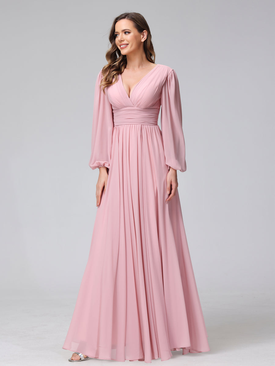 A-Line V-Neck Long Sleeves Long Chiffon Bridesmaid Dresses With Split Side Pockets