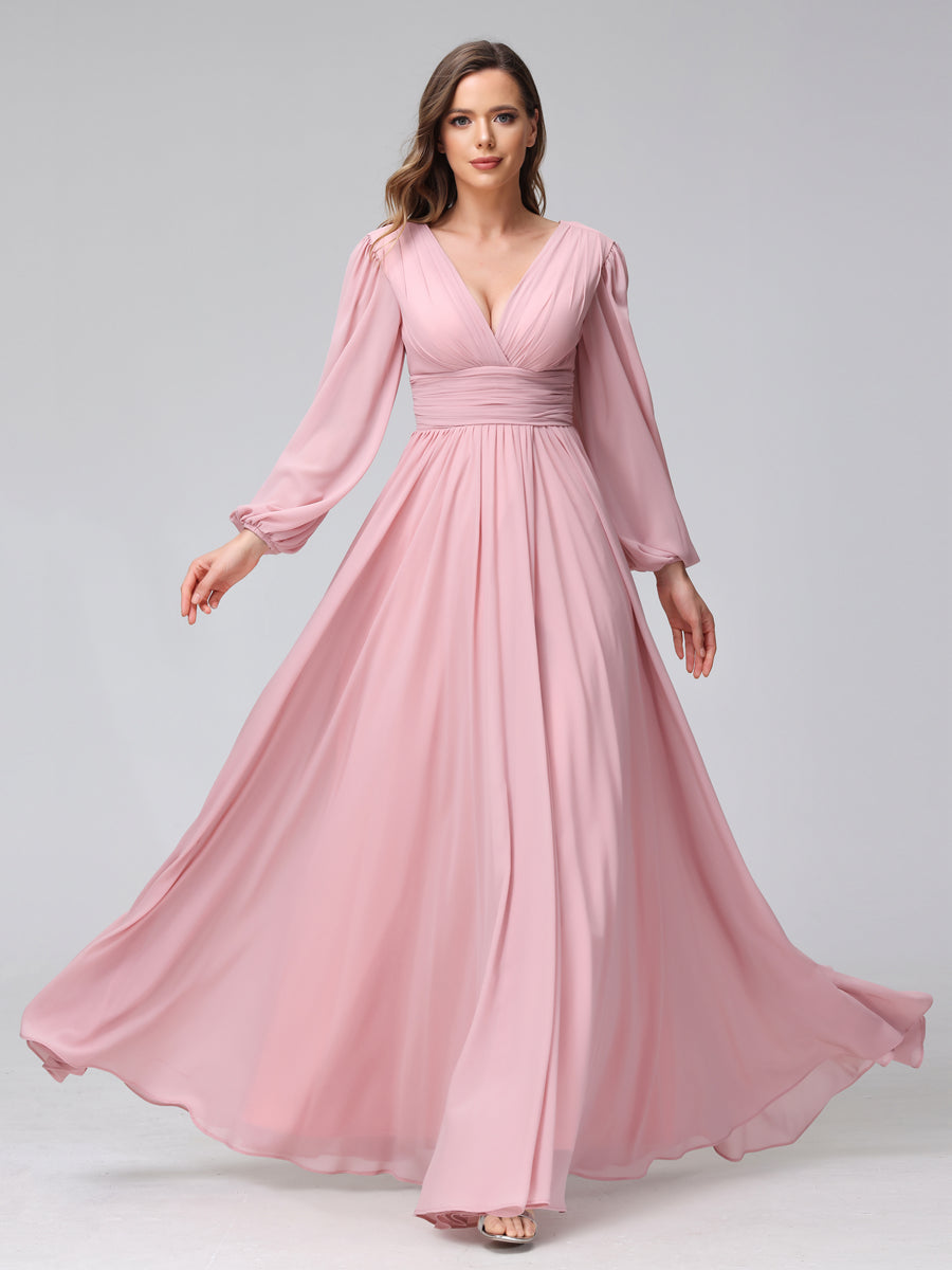 A-Line V-Neck Long Sleeves Long Chiffon Bridesmaid Dresses With Split Side Pockets