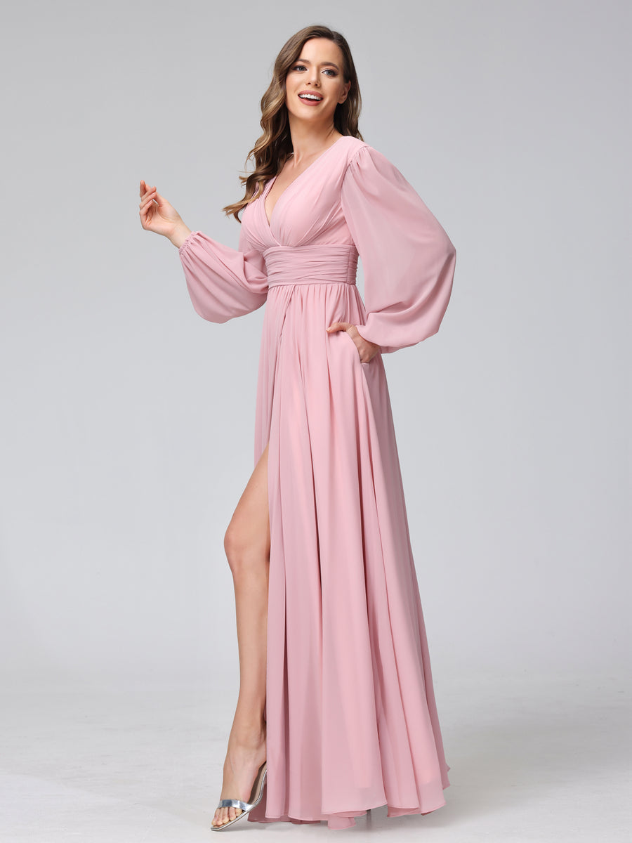 A-Line V-Neck Long Sleeves Long Chiffon Bridesmaid Dresses With Split Side Pockets