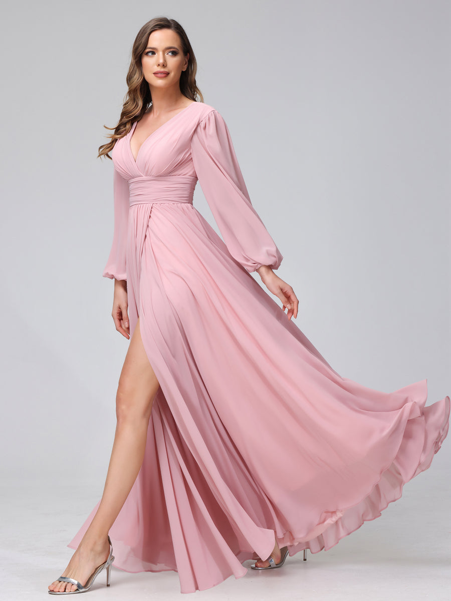 A-Line V-Neck Long Sleeves Long Chiffon Bridesmaid Dresses With Split Side Pockets