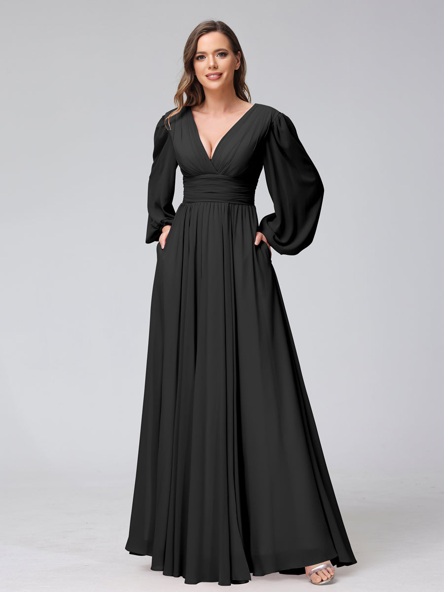 A-Line V-Neck Long Sleeves Long Chiffon Bridesmaid Dresses With Split Side Pockets