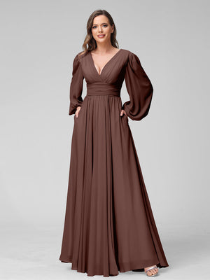 brown long sleeve bridesmaid dresses Round Neck A Line Wholesale Bridesmaid Dresses with Lantern Sleeves