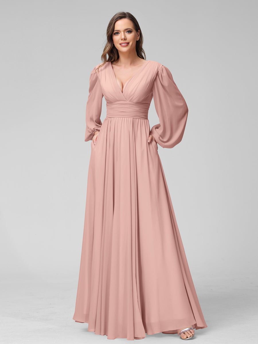 A-Line V-Neck Long Sleeves Long Chiffon Bridesmaid Dresses With Split Side Pockets