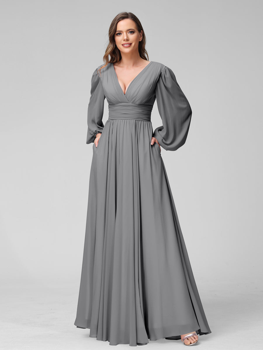 A-Line V-Neck Long Sleeves Long Chiffon Bridesmaid Dresses With Split Side Pockets