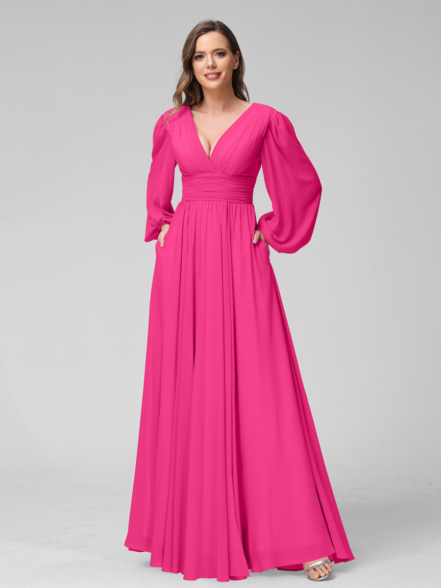 A-Line V-Neck Long Sleeves Long Chiffon Bridesmaid Dresses With Split Side Pockets