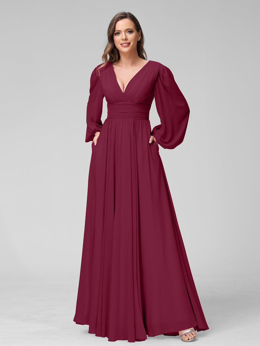 A-Line V-Neck Long Sleeves Long Chiffon Bridesmaid Dresses With Split Side Pockets