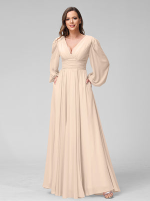 A-Line V-Neck Long Sleeves Long Chiffon Bridesmaid Dresses With Split Side Pockets