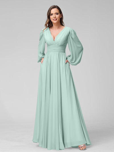 A-Line V-Neck Long Sleeves Long Chiffon Bridesmaid Dresses With Split Side Pockets