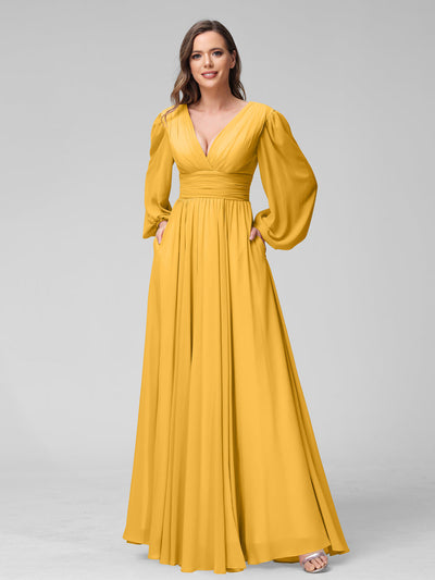 A-Line V-Neck Long Sleeves Long Chiffon Bridesmaid Dresses With Split Side Pockets