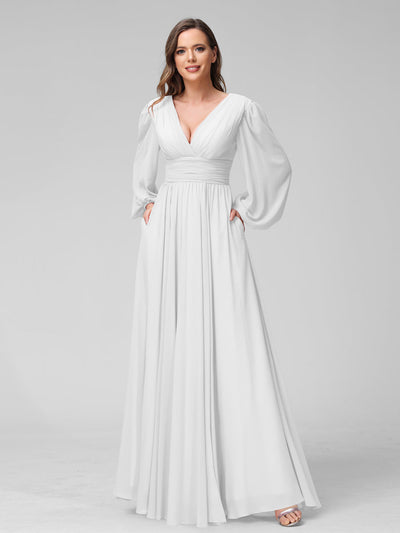 A-Line V-Neck Long Sleeves Long Chiffon Bridesmaid Dresses With Split Side Pockets