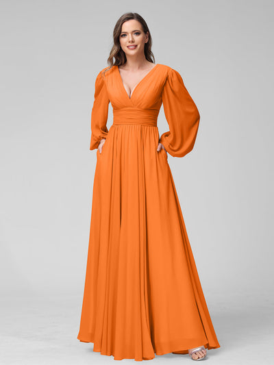 A-Line V-Neck Long Sleeves Long Chiffon Bridesmaid Dresses With Split Side Pockets