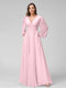 A-Line V-Neck Long Sleeves Long Chiffon Bridesmaid Dresses With Split Side Pockets