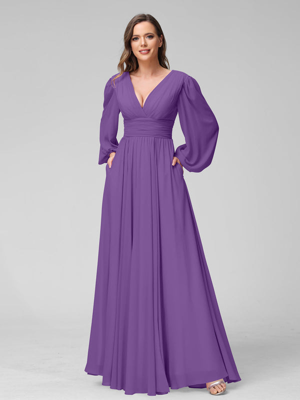 long sleeve purple bridesmaid dresses Azazie Norah