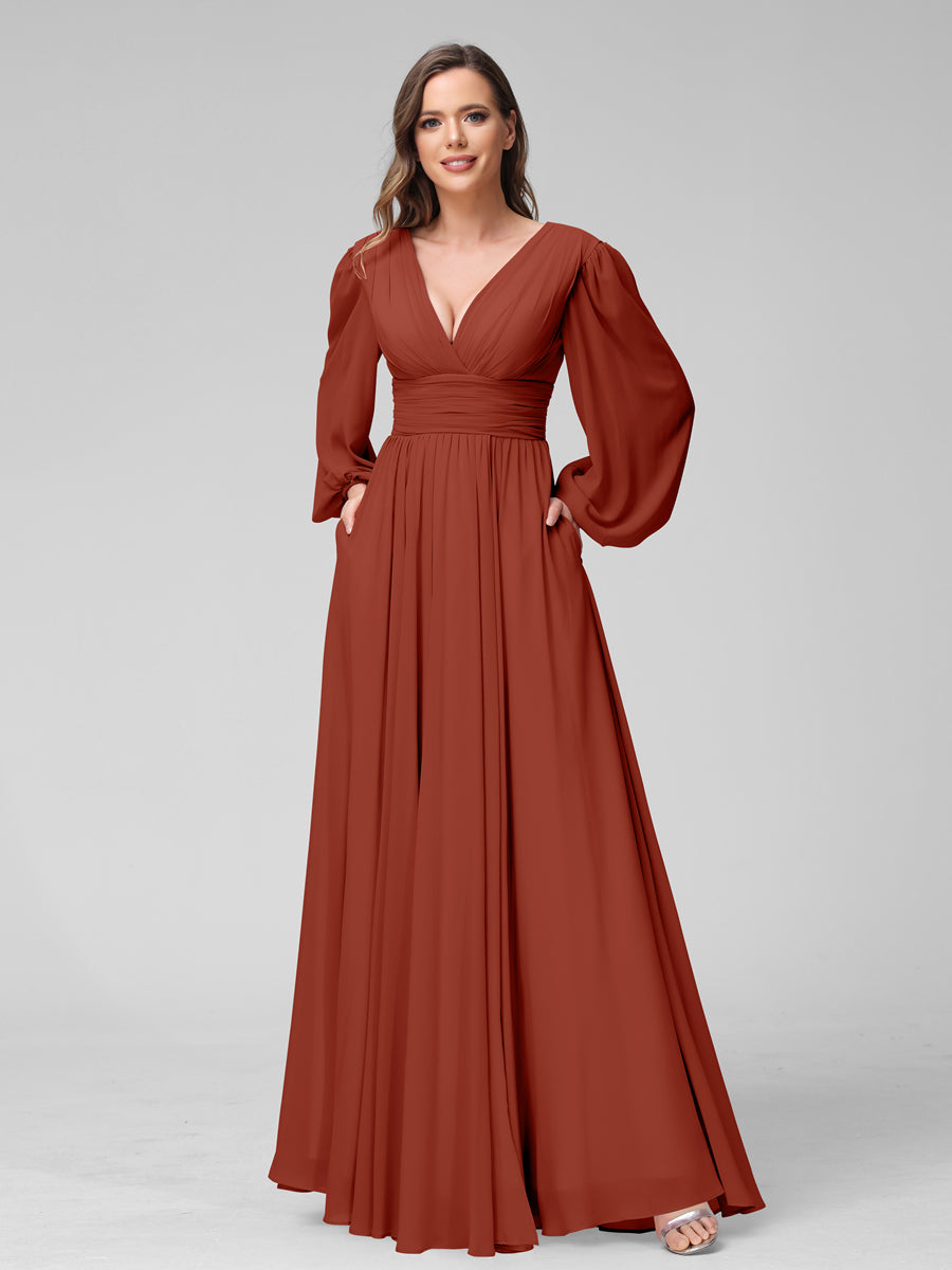 A-Line V-Neck Long Sleeves Long Chiffon Bridesmaid Dresses With Split Side Pockets