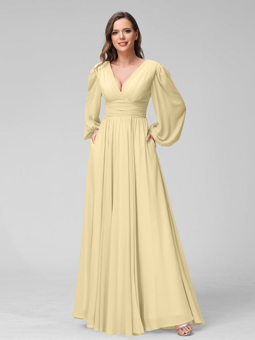 A-Line V-Neck Long Sleeves Long Chiffon Bridesmaid Dresses With Split Side Pockets