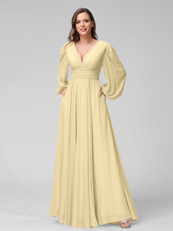 A-Line V-Neck Long Sleeves Long Chiffon Bridesmaid Dresses With Split Side Pockets